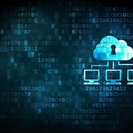 A dark background with a cloud and padlock representing secure cloud IT services.