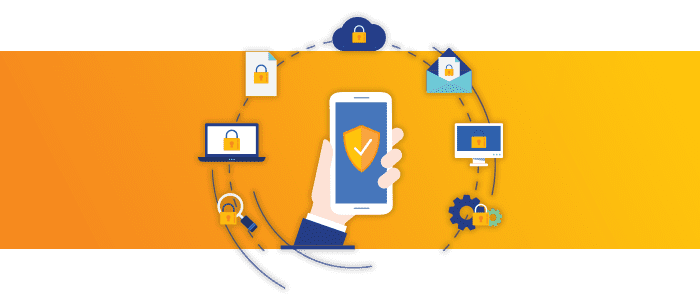 Graphic illustrating a hand clutching a smartphone with a checkmark on the screen, encircled by icons symbolizing cybersecurity elements like locks and shields, highlighting five reasons to invest in a password management system
