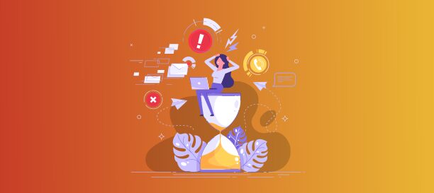 Illustration of a person working from home surrounded by digital icons, depicting stress and multitasking in a cybersecurity environment, highlighting increased vulnerability to cybercrime.