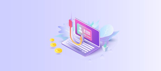 Illustration of a laptop with graphs on the screen, described as too small to be a cyber attack victim, surrounded by coins and plant elements, symbolizing digital finance or analytics.