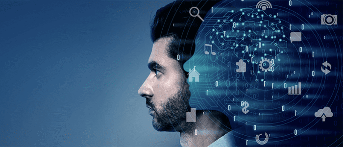 A man's head with an image of a digital brain.