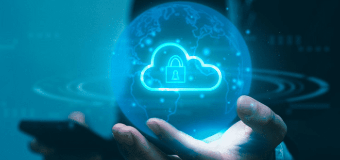 A man holding a blue cloud with a lock on it.