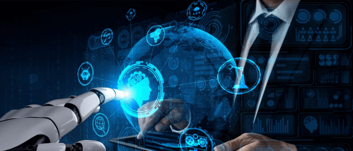 A man in a suit is holding a tablet with a robot on it.