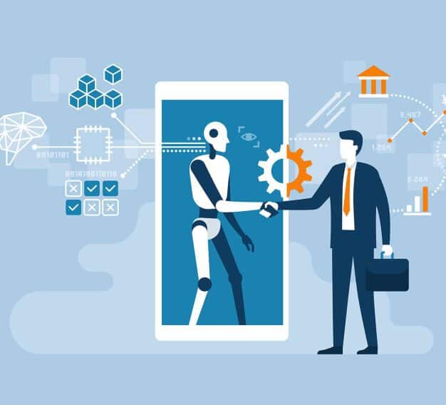 A man shaking hands with a robot on a smartphone, showcasing the AI Innovation of Triton Technologies.