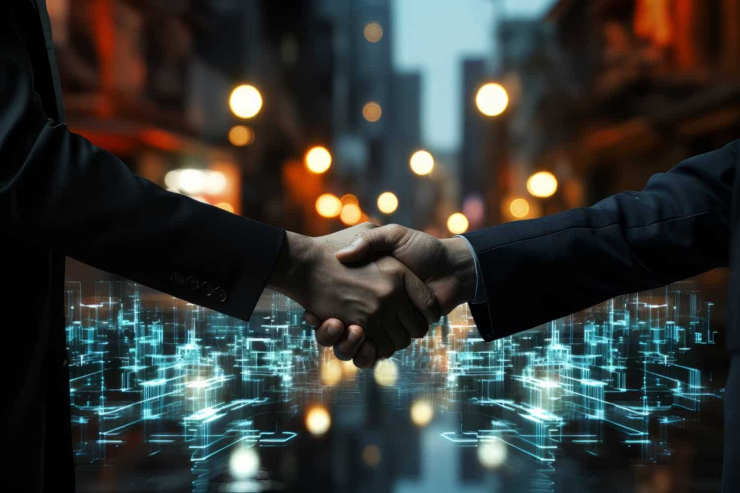 Two business people shaking hands over a digital cityscape at night, symbolizing strategic business partnerships.