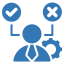 Silhouette of a person with a check mark above one shoulder and an X above the other, connected by lines. A gear symbol, representing Transportation IT, is near the person's side, suggesting decision-making or evaluation.