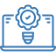 Blue icon of a laptop with a cogwheel and check mark inside, symbolizing approval or certification for innovative insurance technology solutions.