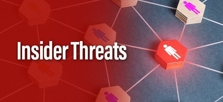 Abstract representation of insider threats with interconnected hexagons, some highlighted in red.