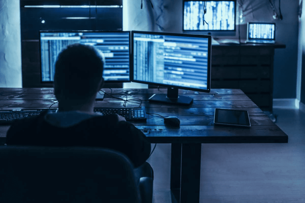 In a dimly lit room, a person sits at a desk surrounded by multiple computer screens displaying code, meticulously reviewing the CMMC Level 1 checklist.