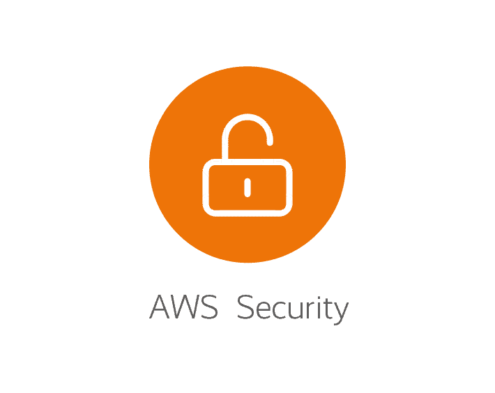 Orange circle with a white lock icon in the center, labeled "AWS Security" below, highlighting cloud computing benefits while ensuring robust protection.