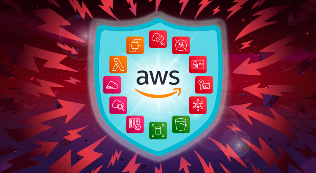 A vibrant display features the AWS Shield logo encircled by dynamic service icons, embodying strategies on how to protect a small business AWS account.