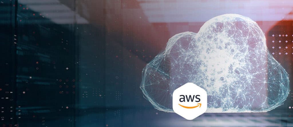 An abstract digital cloud featuring the AWS logo in a data center environment signifies cloud computing and network connectivity, while also prompting thoughts on how to protect my small business AWS account effectively.