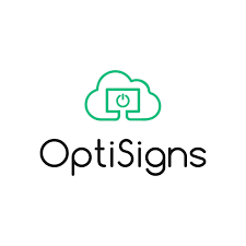 OptiSigns logo with a green cloud outline containing a screen and power symbol above the text "OptiSigns" on a white background, highlighting its collaboration with Triton Technologies partners.