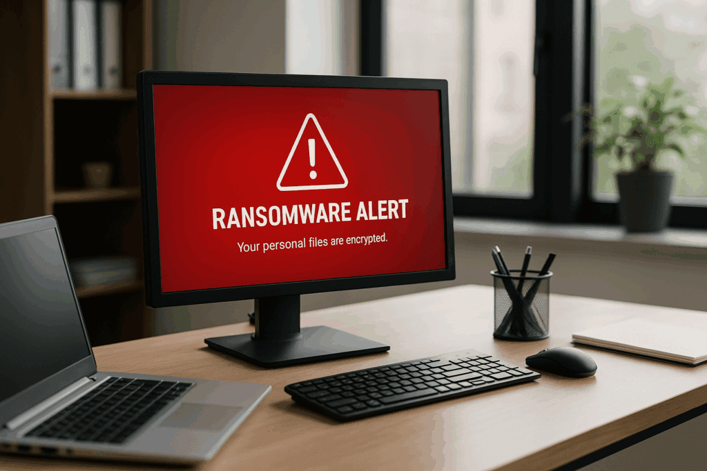 A computer monitor on a desk displays a red screen with a ransomware alert warning that personal files are encrypted, highlighting the importance of ransomware protection for small business.
