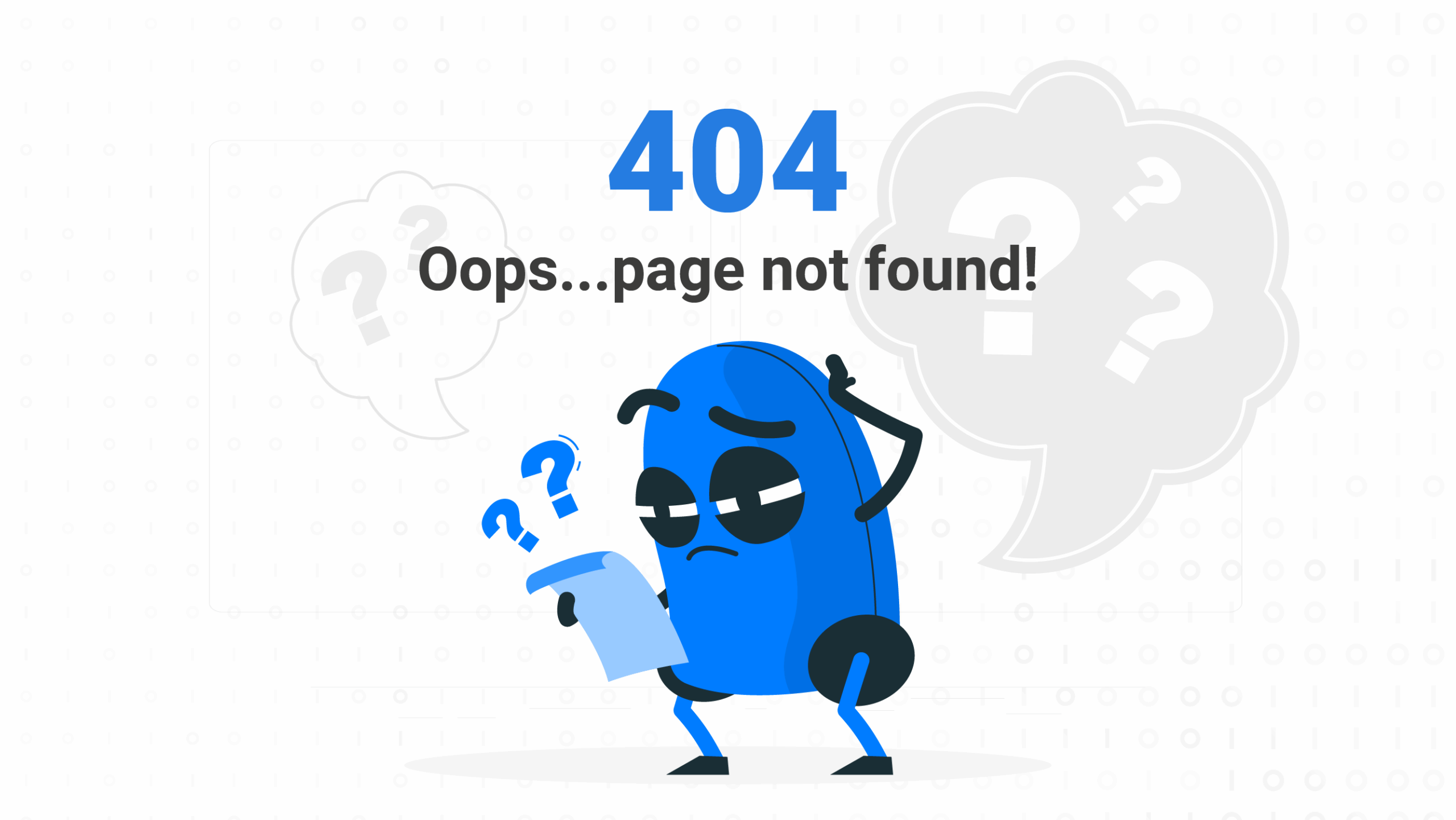 Illustration of a blue character looking confused at a paper, with bold "404 Oops...page not found!" text and question marks in the background.