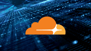An orange Cloudflare logo is centered over a digital background of blue, glowing lines and dots, highlighting DNS security and how you can transfer your domain to Cloudflare to prevent email spoofing on your network.