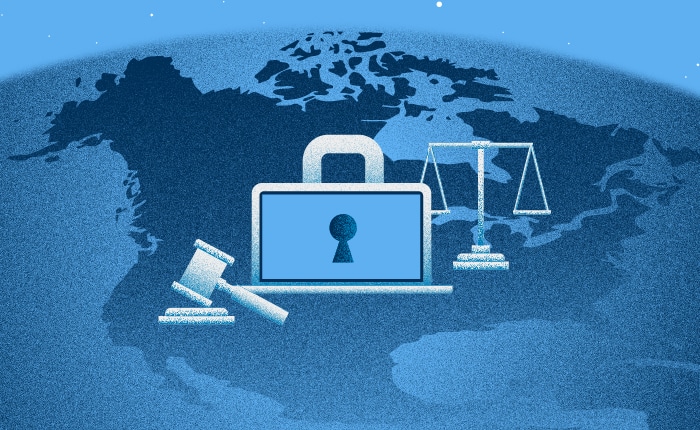 Illustration of a padlock on a laptop, gavel, and scales of justice over a North America map, symbolizing cybersecurity, 2025 data privacy laws, and legal regulation to prevent email spoofing.