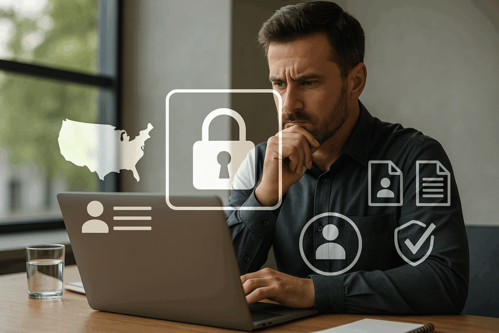 Man working on a laptop with digital security and privacy icons overlaid, including a lock and documents, highlighting data protection and the need to prevent email spoofing in light of 2025 data privacy laws.