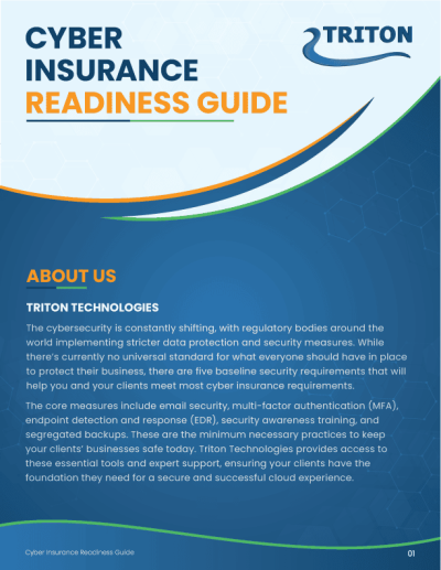 Cover of a guide titled "Cyber Insurance Readiness Guide" by Triton Technologies, featuring a blue design with text about cybersecurity measures and services.