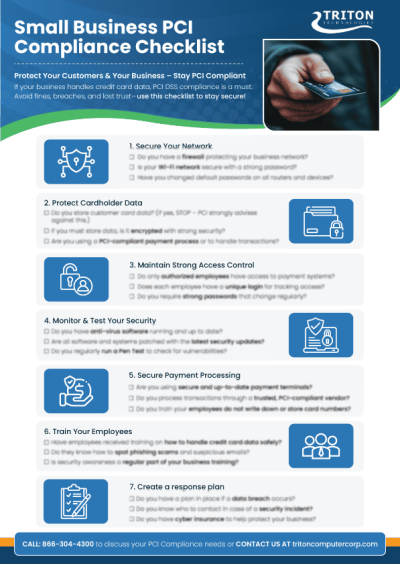 Small Business PCI Compliance Checklist infographic covering steps: secure network, protect data, maintain controls, monitor network, secure processing, train employees, and response plan. Stay informed with our comprehensive guide to PCI compliance. Contact info included.